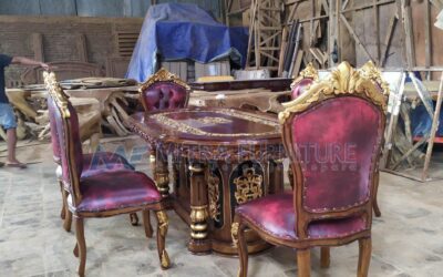 Set Meja Makan Jati Mewah Maroon 6 Kursi