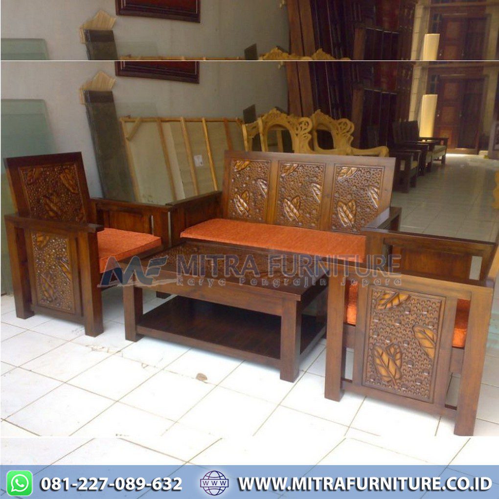 Kursi Tamu Jati Minimalis Motif Ukiran Daun