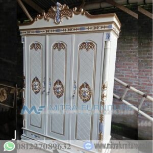 Lemari Pakaian Jati 3 Pintu Warna Putih