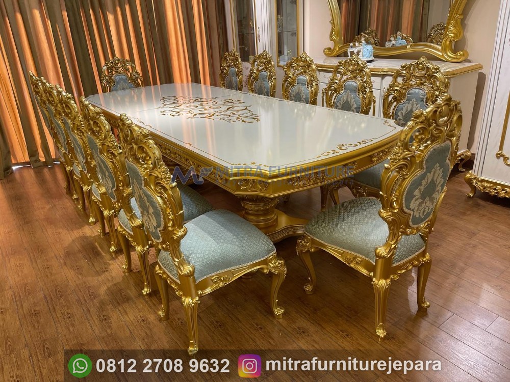 Meja Makan Mewah 10 Kursi Desain Eropa Klasik