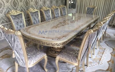 Meja Makan Mewah Marmer Asli Dengan Kursi Velvet Premium