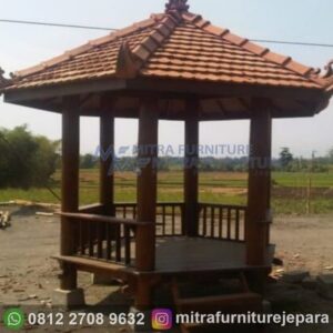 Gazebo Kayu Segi Enam 2x2 Bahan Kayu Kelapa dan Mahoni Atap Genteng Sirap