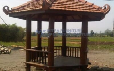 Gazebo Kayu Segi Enam 2×2 Bahan Kayu Kelapa dan Mahoni Atap Genteng Sirap
