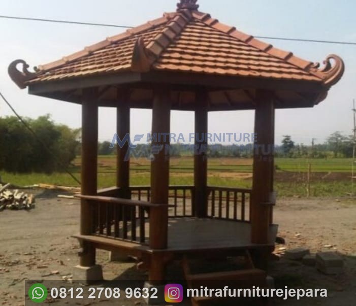 Gazebo Kayu Segi Enam 2x2 Bahan Kayu Kelapa dan Mahoni Atap Genteng Sirap
