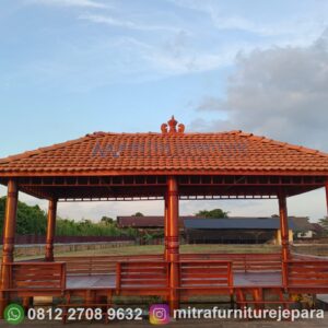 Gazebo Minimalis Model Cincin Ukuran 3x6 Bahan Kayu Kelapa dan Mahoni Atap Genteng Sirap 1