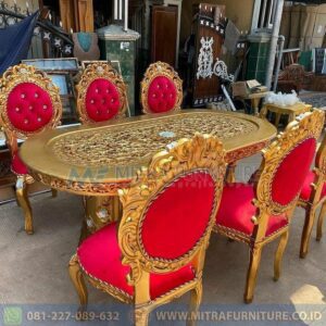 Set Meja Makan Mewah Ukiran Gold Red