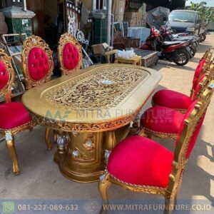 Set Meja Makan Mewah Ukiran Gold Red